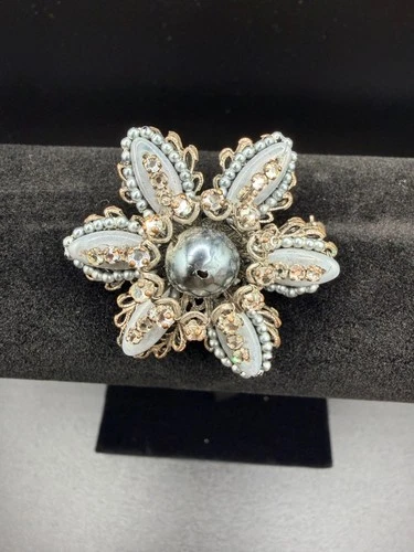 Miriam Haskell Silver Floral Brooch Vintage Signed Pearl & Rhinestone Filigree