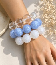 Set of 3 Blue White Clear Stretch Beaded Bracelets w/ Round Beads, Stackable