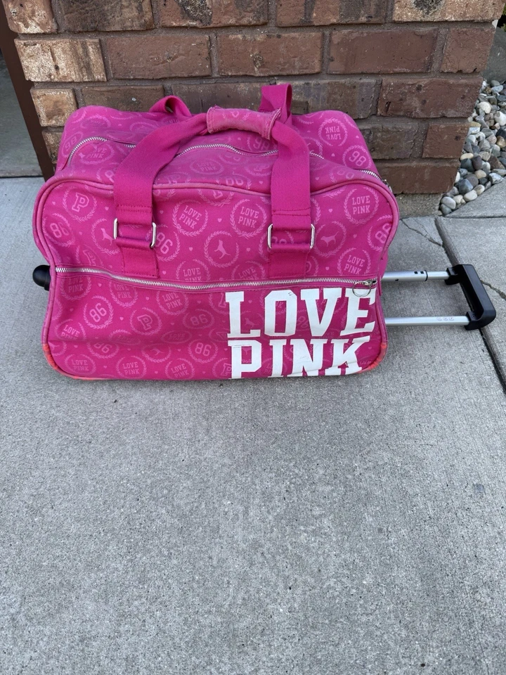 Bolso de Lona Rodante Rosa Y2K Victoria’s Secret Grande con Logotipo Rosa Caliente ~RARO Foto 3 de 4