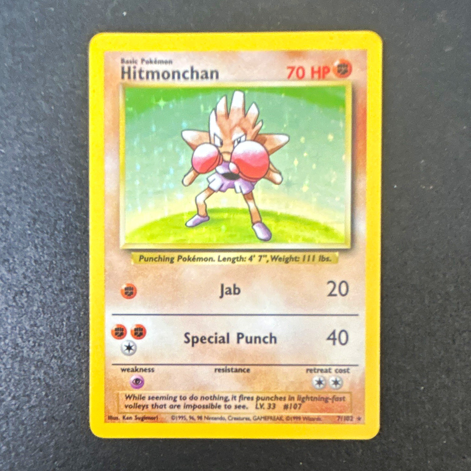 Pokémon TCG Hitmonchan 7/102 Base Set Holo Rare 70 HP 1999 English Unlimited