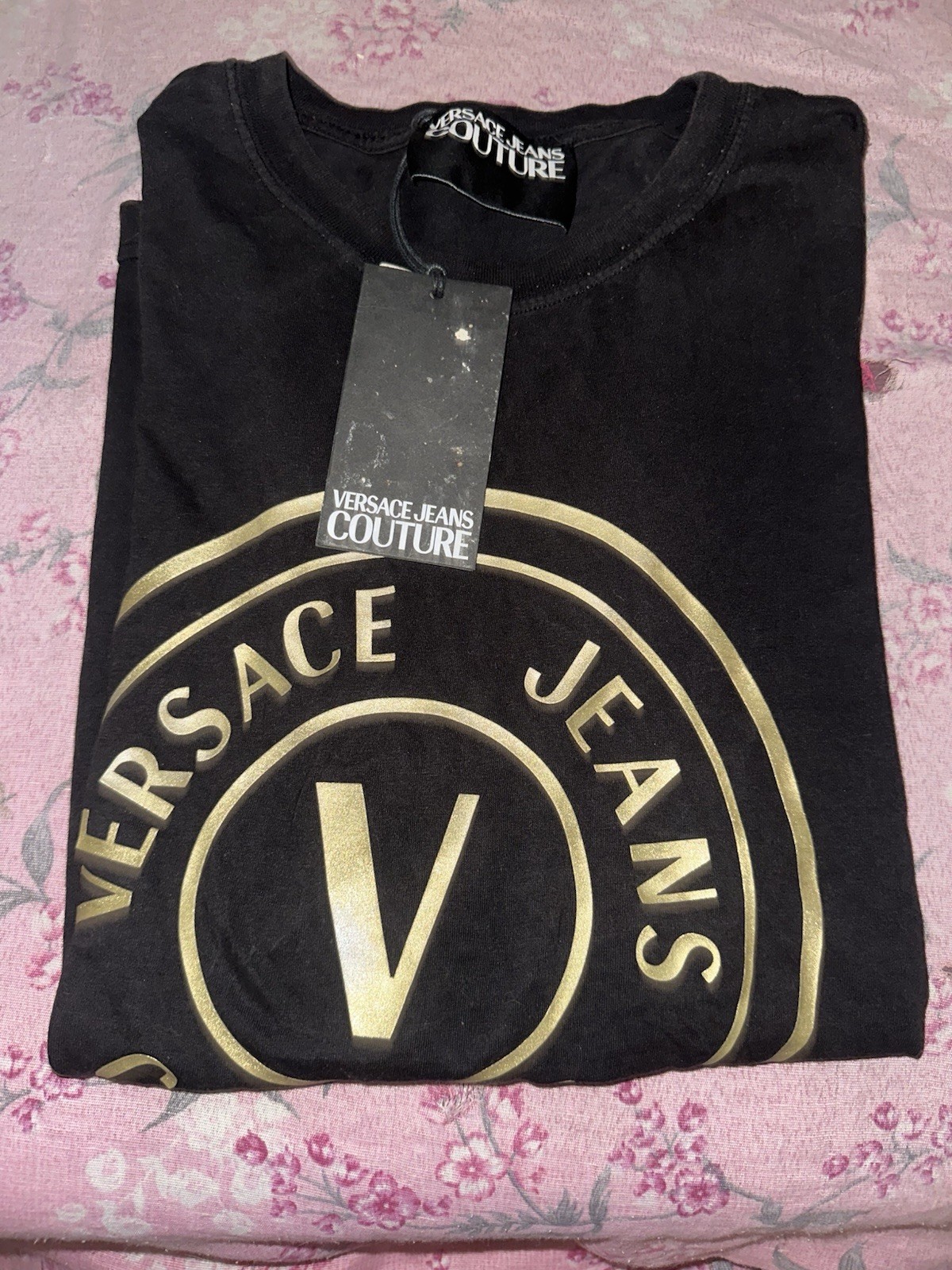 Versace Jeans Couture T-shirt Uomo Nera Logo Oro Girocollo Tinta Unita