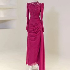 Fuchsia Evening Dress Long Sleeves Crystals High Collar Modest Evening Gowns