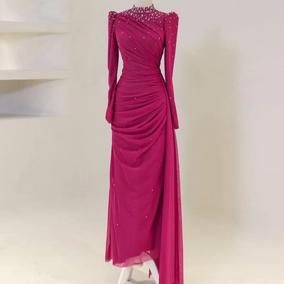 Fuchsia Evening Dress Long Sleeves Crystals High Collar Modest Evening Gowns