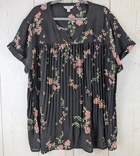 Croft Barrow Size 2X Black Floral Twill Tunic Short Sleeve Blouse Top