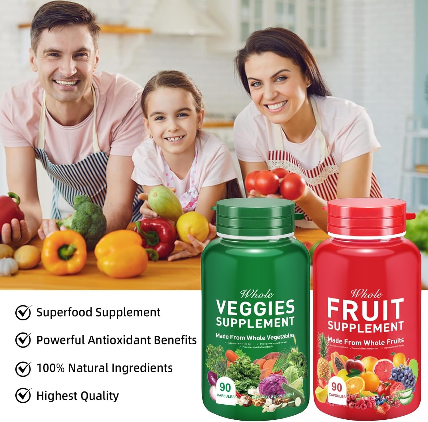 2 Bottles - 90 Fruits and 90 Veggies Whole Food Supplement 180 Count FREE SHIP