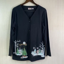 Quacker Factory Women's Christmas Snap Front Cardigan Black Size Medium