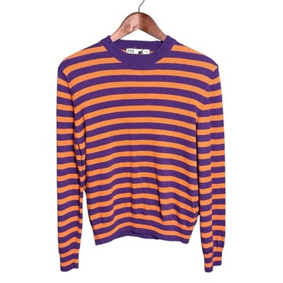 Zara Striped Sweater Italian Yarn Wool Cashmere Purple Orange Crew Neck NWT Sm