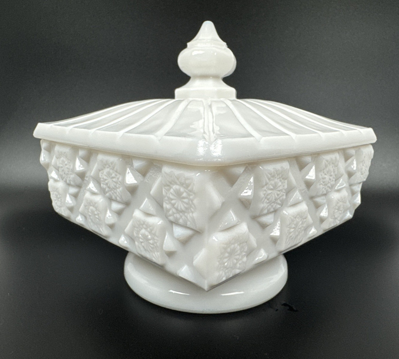 Westmoreland Milk Glass Candy Dish with Lid – Vintage Square Pedestal, Old Quilt