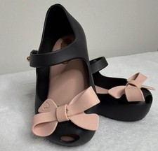 Mini Melissa Black Mary Jane Shoes Pink Bow Accent Size 6 Toddler Hook Loop