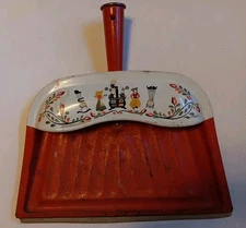 Vintage J.V. Reed Orange Metal Dustpan with Folk Art by M. Taber