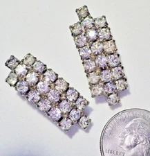 Vintage Art Deco 3-Column Rhinestone Clip Earrings, Silvertone, 1 3/8 x 1/2"