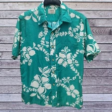HRH His Royal Highness Hawaiian Shirt Mens Large Green White Floral Casual VTG