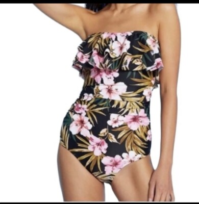 Tropical swimsuit large bandeau Flounce ruffle high coverage 1-piece flattering