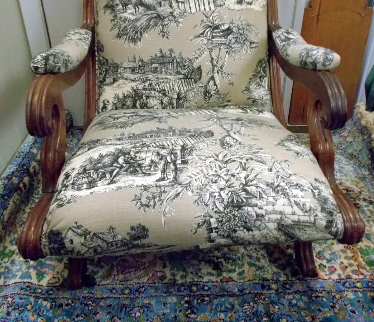 Antique VICTORIAN Lounge Lolling Arm CHAIR French TOILE Swan Arms LIBRARY