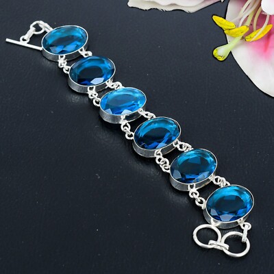 Wunderschöner Blautopas Edelstein Handarbeit 925 Sterlingsilber Armband 7-8''