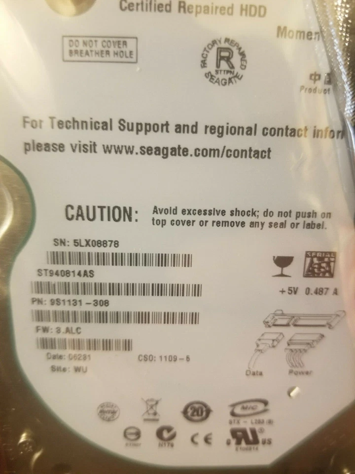 Seagate ST940814AS PN: 9S1131-308 FW: 3.ALC WU 40GB SATA 2.5" HD - Image 2 of 2