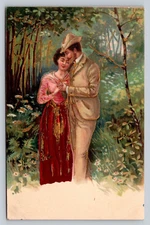 Early 1900s Antique Postcard Smitten Young Lovers Hold Hands Woods Wild Flowers