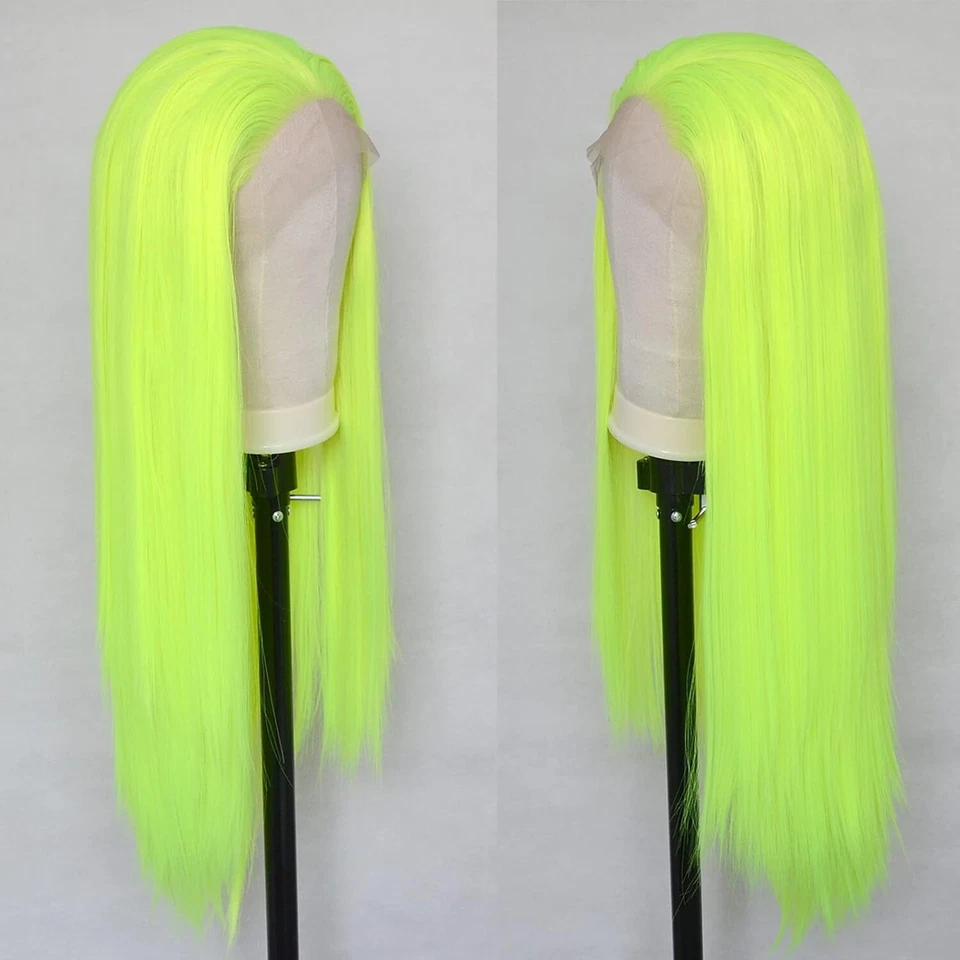 Pelucas frontales de encaje sintético verde neón para mujer cabello largo y liso natural Foto 3 de 4