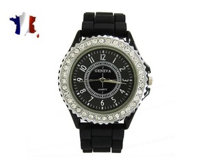 Montre femme noire acier stainless avec strass-bracelet silicone-top  tendance | eBay