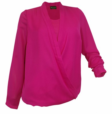 Women's Blouse Tunic Long Sleeve Wrap Look Polyester 577790 Laura Scott Fuchsia