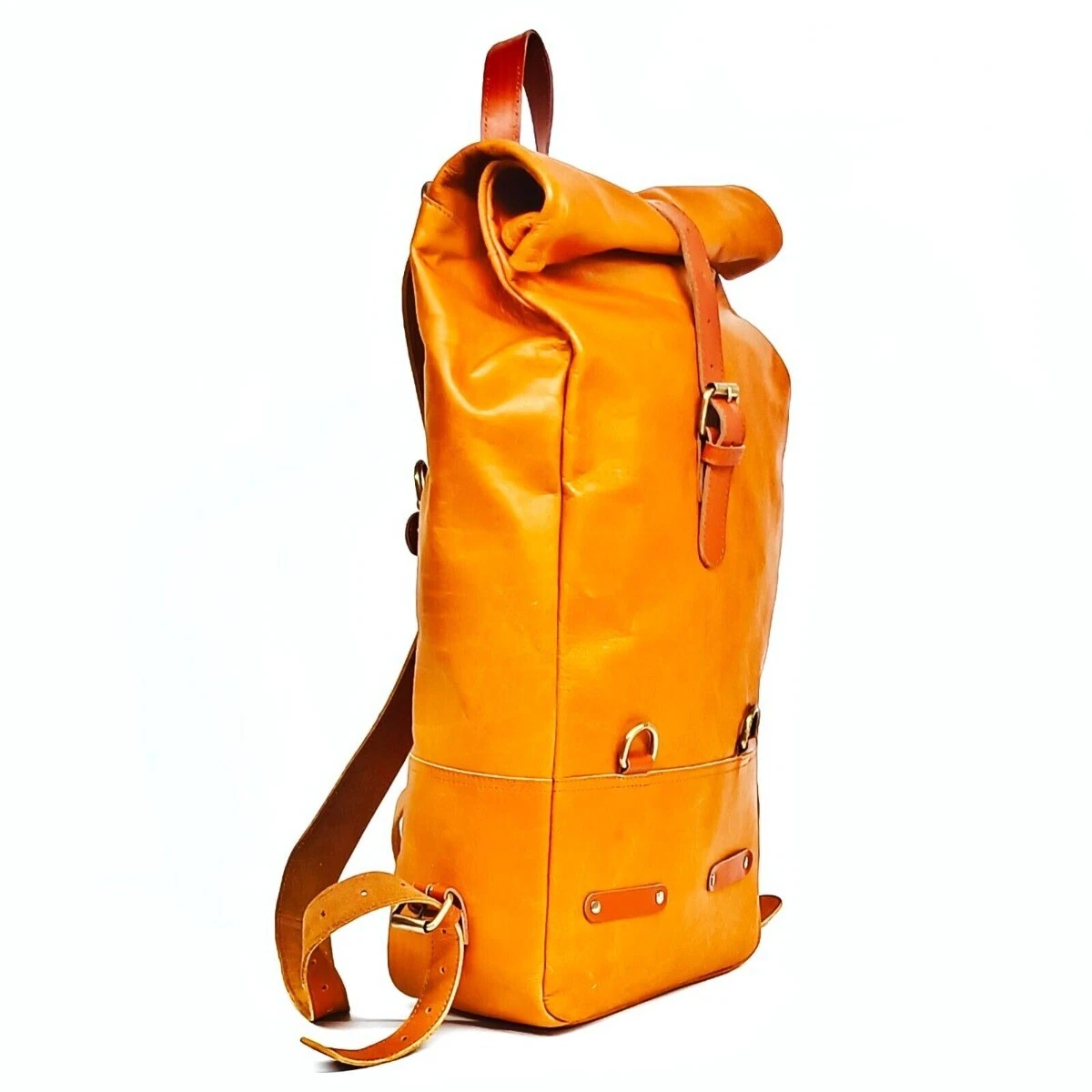 Roll Top Pannier Saddle Leather Backpack Tan For Universal Motorcycle