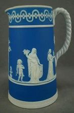 Dudson / Ridgway Blue White Jasperware Neoclassical Figures 6 7/8 Inch Pitcher