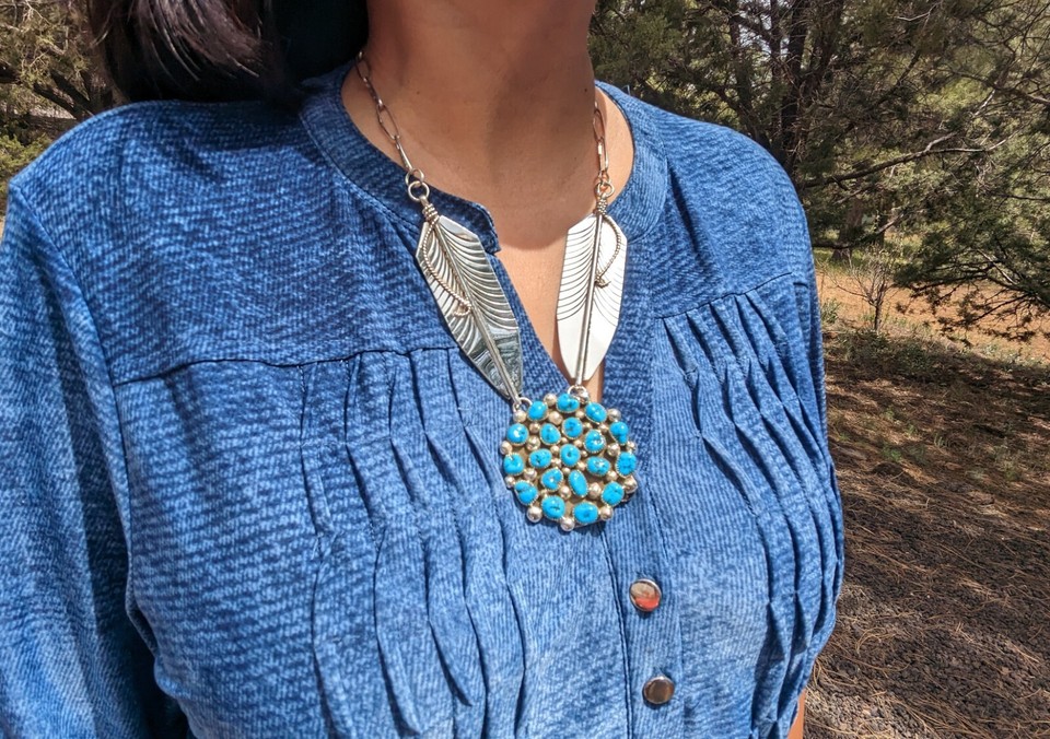 Native American Chain Necklace Handmade Cluster Turquoise Twin large