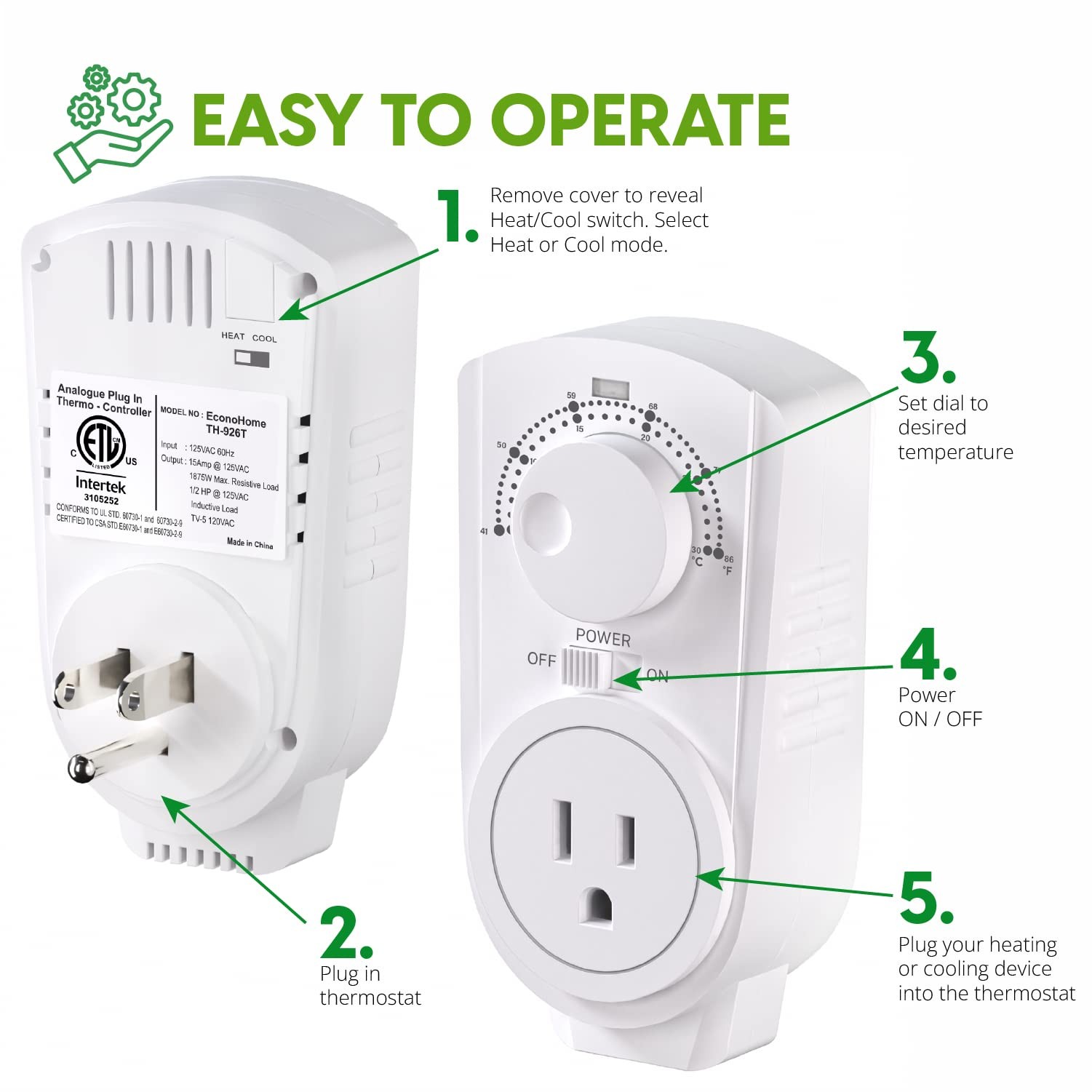 EconoHome Adjustable Thermostat, Universal Plugin Heating & Cooling, Compatible