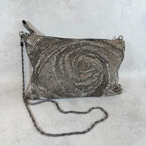Valentino Garavani Rose Sequin Chain Shoulder Bag Silver Gray Vintage Auth