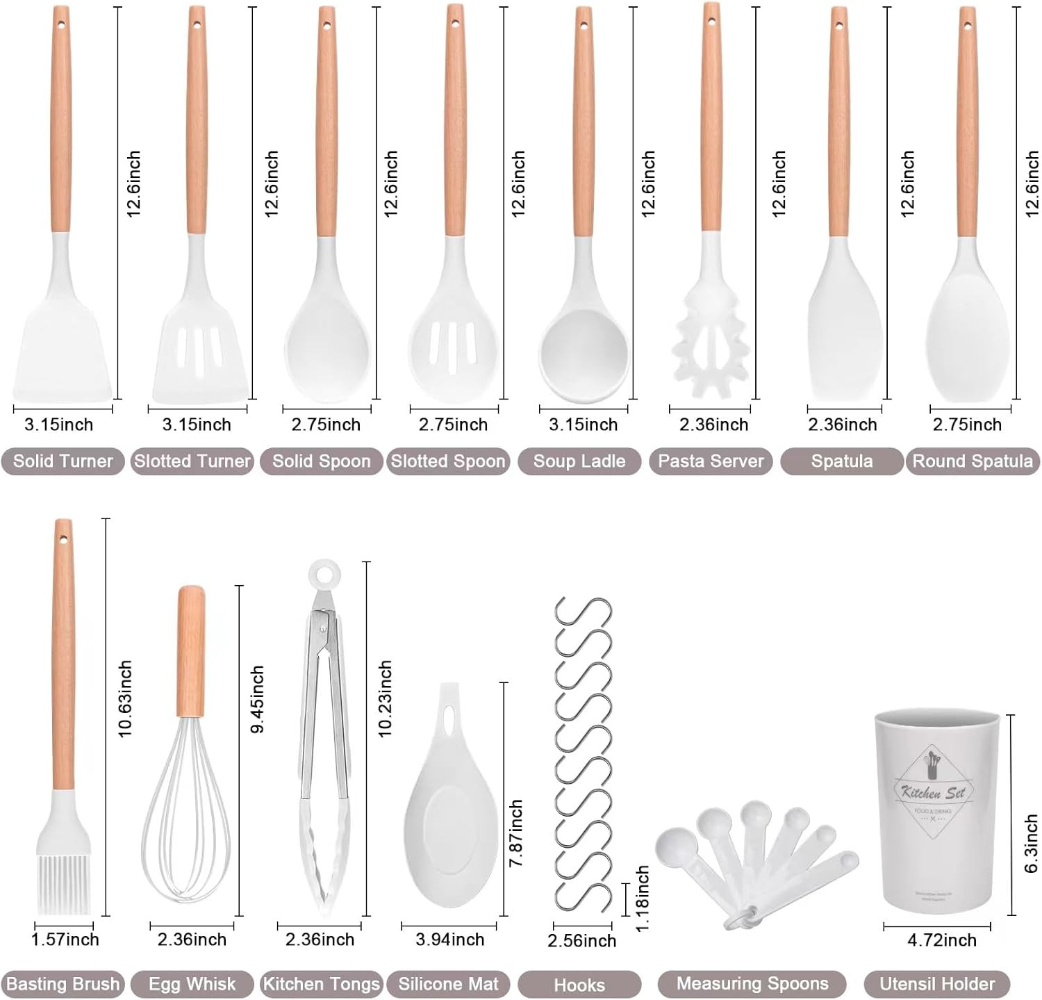 Set di utensili da cucina, 21 utensili da cucina in legno e silicone, antiaderenti e resistenti al calore, utensili da cucina (nero