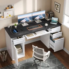 57 Inch 5 Drawers Executive Desk Computer Desk with File Cabinet & Power Outlets