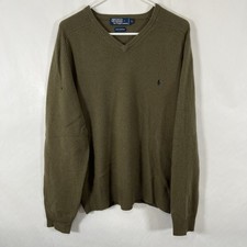 VTG Polo Ralph Lauren V Neck 100 Lambswool Sweater Mens Large Olive Green HOLE