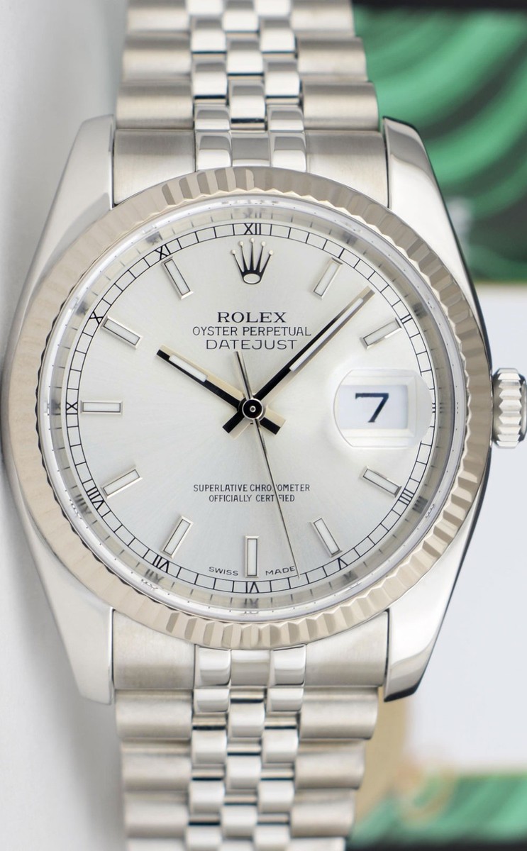ROLEX 18kt White Gold & SS Datejust Silver Index Dial 116234 SANT