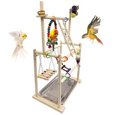 Natural Wood Bird Playground - Large 3-Tier Perch Stand with Exercise Platfor...