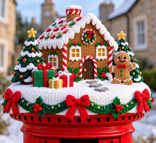 Gingerbread House Christmas Post Box Topper DK Knitting Pattern Festive Decor