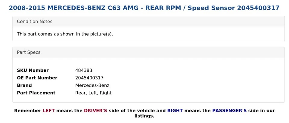 Mercedes-Benz C63 AMG 2008-2015 - RPM TRASERO/Sensor de velocidad 2045400317 Foto 4 de 4