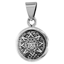 925 Sterling Silver Small Round Aztec Calendar Pendant 19/32 (15mm) Inch Tall