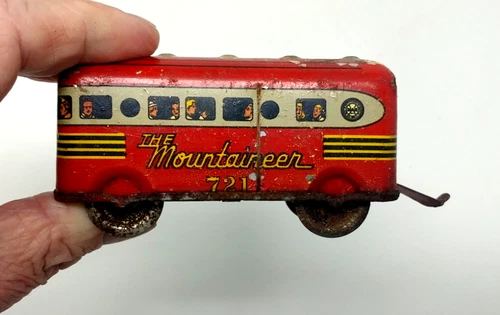 Vintage Marx "The Mountaineer" Tin Litho Toy Bus 721 - Late 1930s Art Deco Red