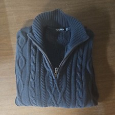 Nautica Men s Cable Knit Sweater L Navy Blue 1/4 Zip Cotton Blend Pullover