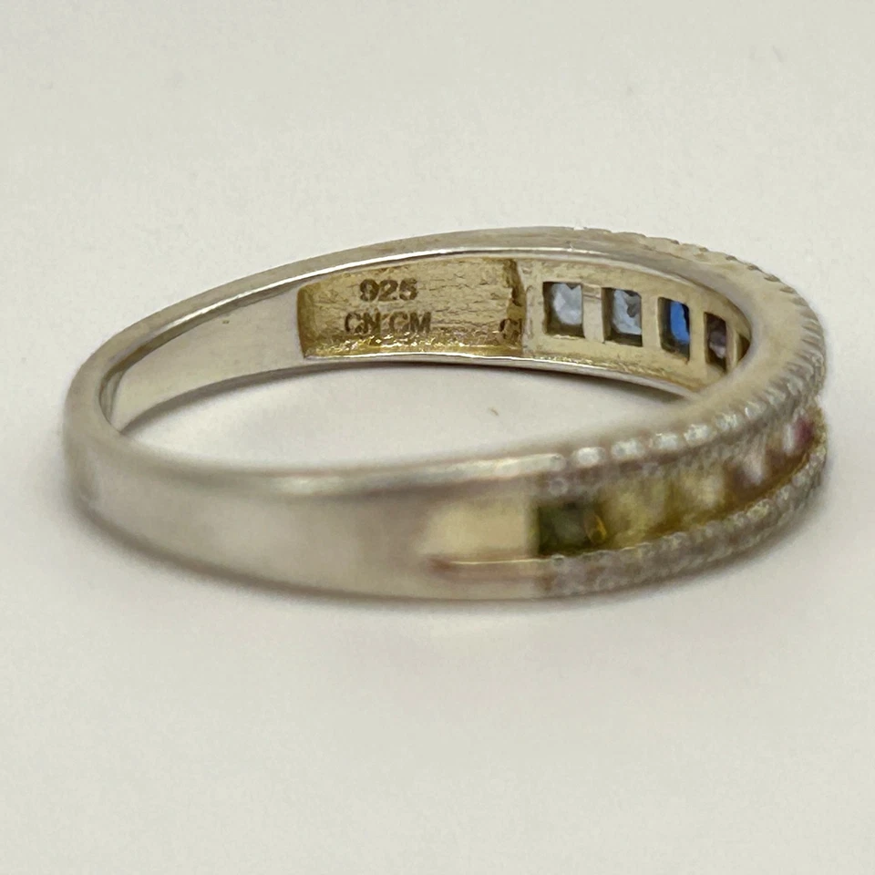 Sterling Silver Multi-Gem Eternity Band Ring Ruby Emerald Aqua Diamond Size 8.25 - Image 4 of 4