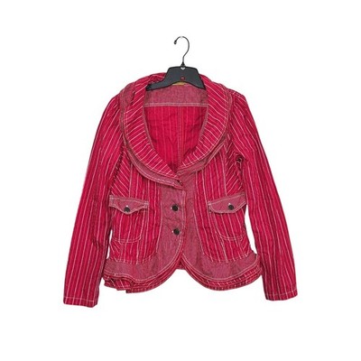 Stefanel Red White Striped Ruffle Jacket Size 12 Large Button Front 100% Cotton