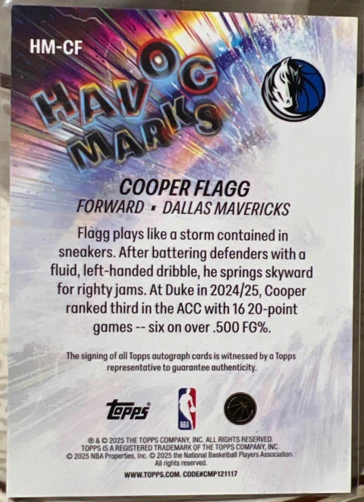 2025-26 Topps Cooper Flagg Auto Havoc Marks CHASE BAG! Read Desc  Mavericks NBA