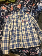 Zara Men  s Blue White Plaid Logo Full Zip Point Collar Short Jacket Size M