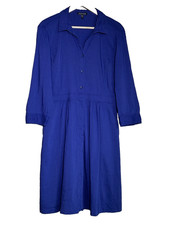 Eileen Fisher Shirt Dress Sz M Button Front Linen Blend 3/4 Sleeve Pockets Blue