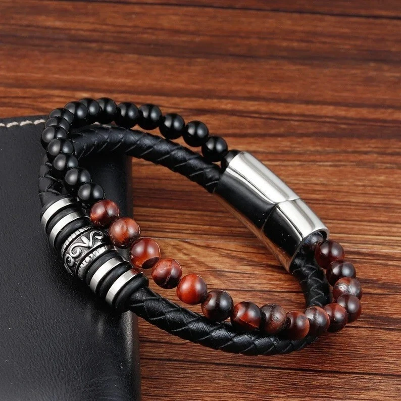 Red Tiger's Eye Black Onyx Stone Bracelet Mens Leather Braided Bracelet Magnetic - Image 3 of 4
