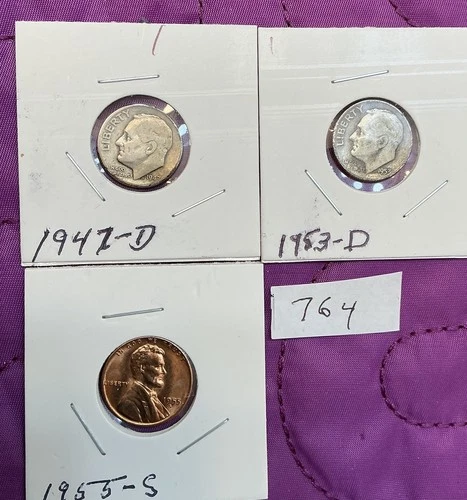 2 Circ.Roosvlt.Dimes 1947-D AND 1953-D 90% Silver +BU 1955–S Lincoln .01 Lot 764
