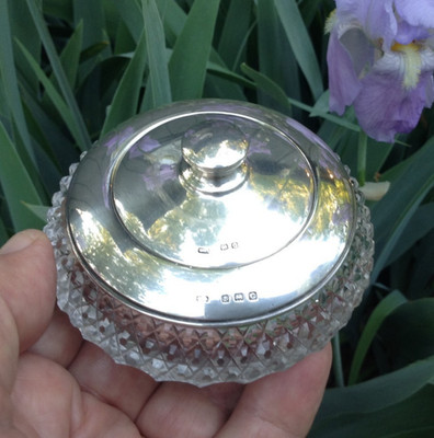 Antique small hallmarked sterling silver & glass powder vanity dresser jar 1927!