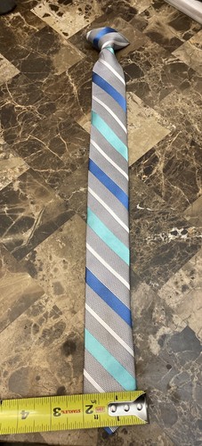 Boys Clip On Neck Tie Blue, Silver, Teal, White Striped 17"x2" Unbranded - Picture 2 of 7
