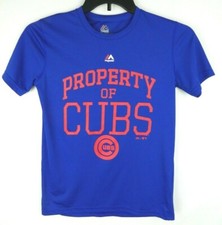 Chicago Cubs Majestic Youth Medium 10/12 Blue Red Spell Out Cool Base T Shirt