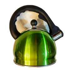 Stainless Steel Whistling Tea Kettle 8 cup Metallic Green Finish 9" tall 